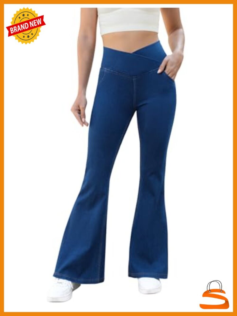 Crossover Bell Bottom Flare Stretchy Jeggings with Pockets